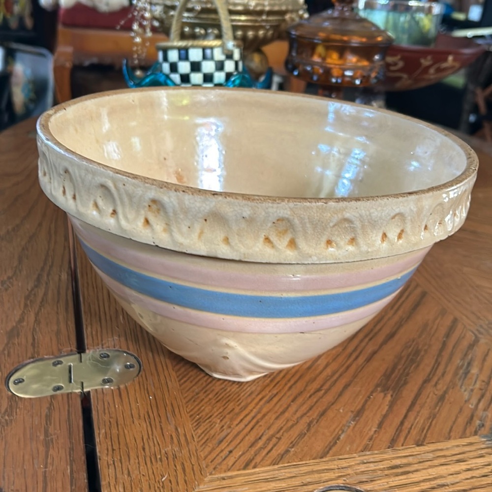 Antique Stoneware Mixing Bowl with Blue & Pink Glaze Stripe 10" - Picture 2 of 7